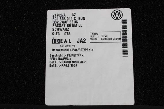 VW PASSAT B6 B7 CC DYWANIKI WYCIERACZKI PODŁOGI 3C0864451 3C0864452 welur 3C0864451 3C0864452 tył tylny 3C1863011C 3C1863011A