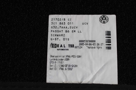VW PASSAT B6 B7 CC DYWANIKI WYCIERACZKI PODŁOGI 3C0864451 3C0864452 welur 3C0864451 3C0864452 tył tylny 3C1863011C 3C1863011A