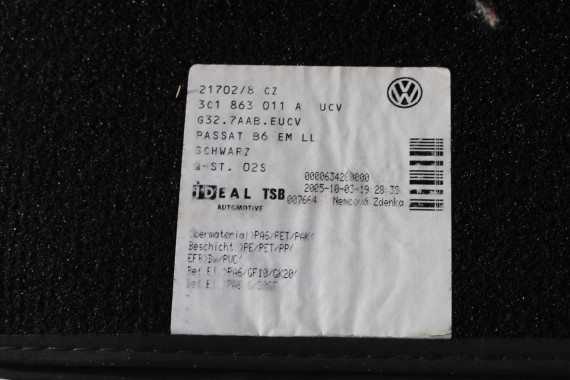 VW PASSAT B6 B7 CC DYWANIKI WYCIERACZKI PODŁOGI 3C0864451 3C0864452 welur 3C0864451 3C0864452 tył tylny 3C1863011C 3C1863011A
