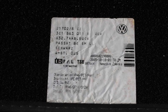 VW PASSAT B6 B7 CC DYWANIKI WYCIERACZKI PODŁOGI 3C0864451 3C0864452 welur 3C0864451 3C0864452 tył tylny 3C1863011C 3C1863011A