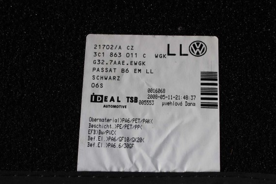 VW PASSAT B6 B7 CC DYWANIKI WYCIERACZKI PODŁOGI 3C0864451 3C0864452 welur 3C0864451 3C0864452 tył tylny 3C1863011C 3C1863011A