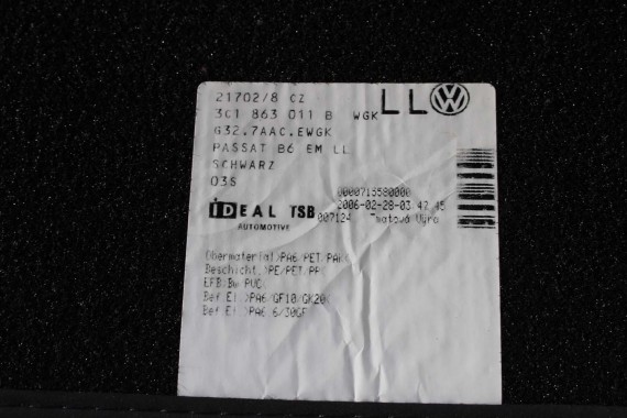 VW PASSAT B6 B7 CC DYWANIKI WYCIERACZKI PODŁOGI 3C0864451 3C0864452 welur 3C0864451 3C0864452 tył tylny 3C1863011C 3C1863011A