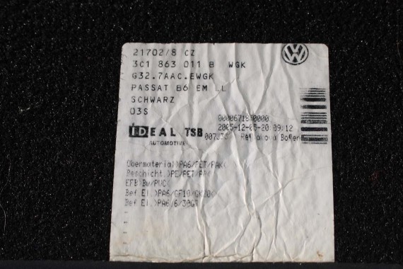 VW PASSAT B6 B7 CC DYWANIKI WYCIERACZKI PODŁOGI 3C0864451 3C0864452 welur 3C0864451 3C0864452 tył tylny 3C1863011C 3C1863011A