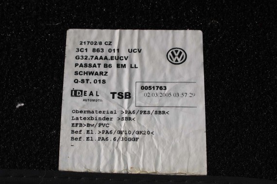 VW PASSAT B6 B7 CC DYWANIKI WYCIERACZKI PODŁOGI 3C0864451 3C0864452 welur 3C0864451 3C0864452 tył tylny 3C1863011C 3C1863011A