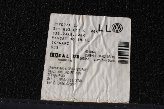 VW PASSAT B6 B7 CC DYWANIKI WYCIERACZKI PODŁOGI 3C0864451 3C0864452 welur 3C0864451 3C0864452 tył tylny 3C1863011C 3C1863011A