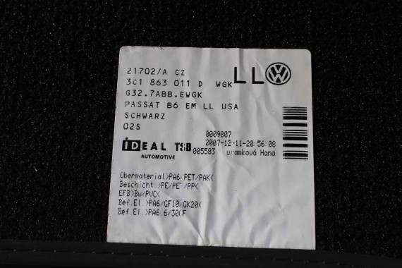 VW PASSAT B6 B7 CC DYWANIKI WYCIERACZKI PODŁOGI 3C0864451 3C0864452 welur 3C0864451 3C0864452 tył tylny 3C1863011C 3C1863011A