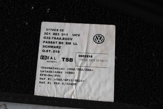 VW PASSAT B6 B7 CC DYWANIKI WYCIERACZKI PODŁOGI 3C0864451 3C0864452 welur 3C0864451 3C0864452 tył tylny 3C1863011C 3C1863011A