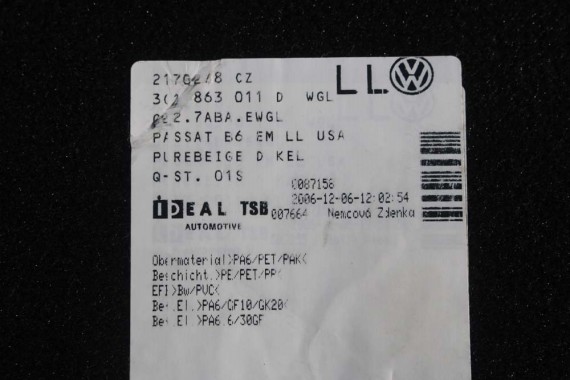 VW PASSAT B6 B7 CC DYWANIKI WYCIERACZKI PODŁOGI 3C0864451 3C0864452 welur 3C0864451 3C0864452 tył tylny 3C1863011C 3C1863011A