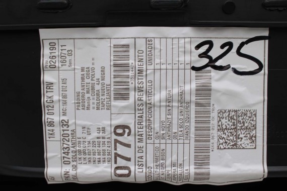 VW JETTA BOCZKI DRZWIOWE BOCZEK TAPICERKA 1K5 welur kolor antracyt 1K4867011 1K4867012 1K5867211 1K5867212 1K5867211 1K5867212