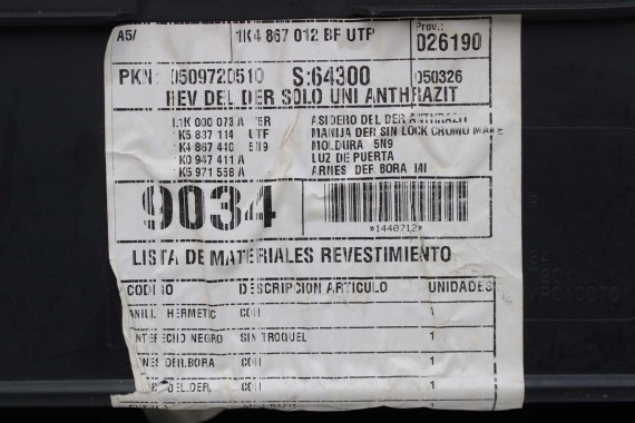 VW JETTA BOCZKI DRZWIOWE BOCZEK TAPICERKA 1K5 welur kolor antracyt 1K4867011 1K4867012 1K5867211 1K5867212 1K5867211 1K5867212