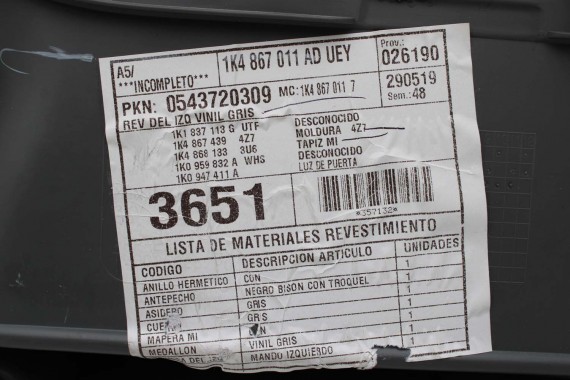 VW JETTA BOCZKI DRZWIOWE BOCZEK TAPICERKA 1K5 skóra szary 1K4867011 1K4867012 1K5867211 1K5867212 1K5867211 1K5867212 1K4867012