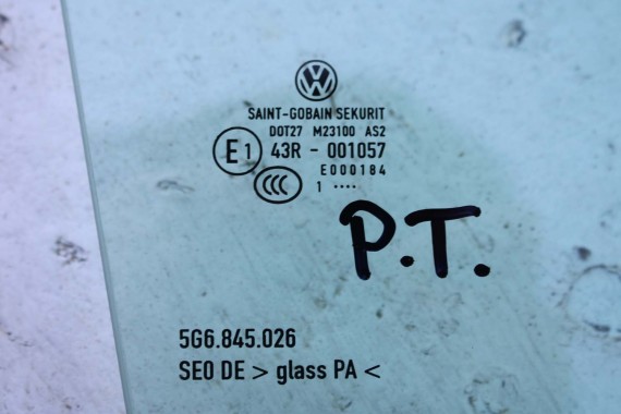 VW GOLF 7 VII SZYBA DRZWI PRAWE 5G6845026 prawa tył tylna 5G6 845 026 rok 2011 zielony E1 AS2 drzwiowa 5G 5G4 5G6 FL 5G6845026
