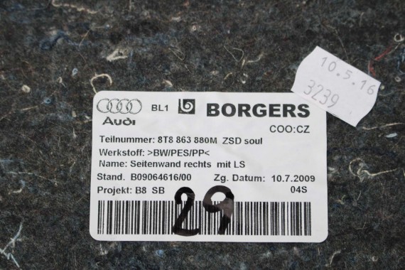 AUDI A5 SPORTBACK BOCZEK DYWAN TAPICERKA BAGAZNIKA 8T8864483 8T8861529 8T0863463 8T8863879M 8T8863880M boczki bagażnik tapicerka