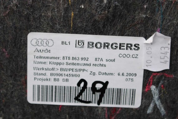 AUDI A5 SPORTBACK BOCZEK DYWAN TAPICERKA BAGAZNIKA 8T8864483 8T8861529 8T0863463 8T8863879M 8T8863880M boczki bagażnik tapicerka