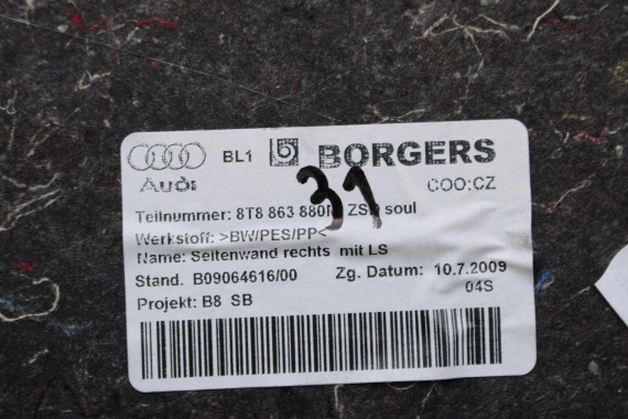AUDI A5 SPORTBACK BOCZEK DYWAN TAPICERKA BAGAZNIKA 8T8864483 8T8861529 8T0863463 8T8863879M 8T8863880M boczki bagażnik tapicerka