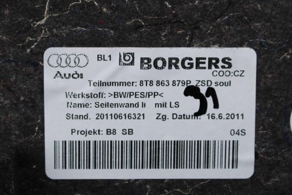 AUDI A5 SPORTBACK BOCZEK DYWAN TAPICERKA BAGAZNIKA 8T8864483 8T8861529 8T0863463 8T8863879M 8T8863880M boczki bagażnik tapicerka