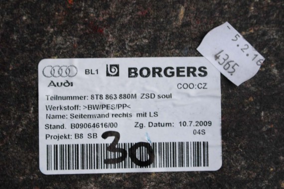 AUDI A5 SPORTBACK BOCZEK DYWAN TAPICERKA BAGAZNIKA 8T8864483 8T8861529 8T0863463 8T8863879M 8T8863880M boczki bagażnik tapicerka