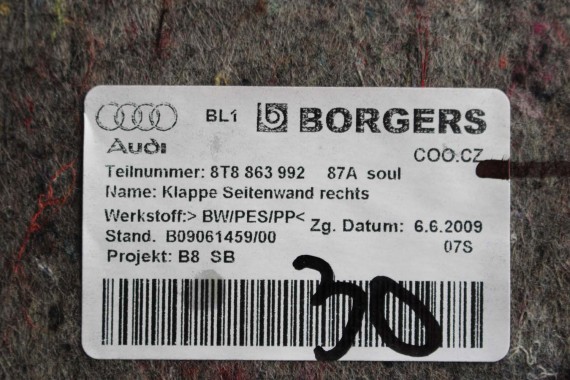 AUDI A5 SPORTBACK BOCZEK DYWAN TAPICERKA BAGAZNIKA 8T8864483 8T8861529 8T0863463 8T8863879M 8T8863880M boczki bagażnik tapicerka