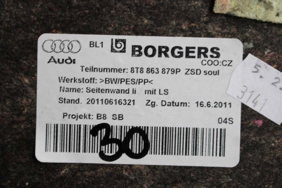 AUDI A5 SPORTBACK BOCZEK DYWAN TAPICERKA BAGAZNIKA 8T8864483 8T8861529 8T0863463 8T8863879M 8T8863880M boczki bagażnik tapicerka