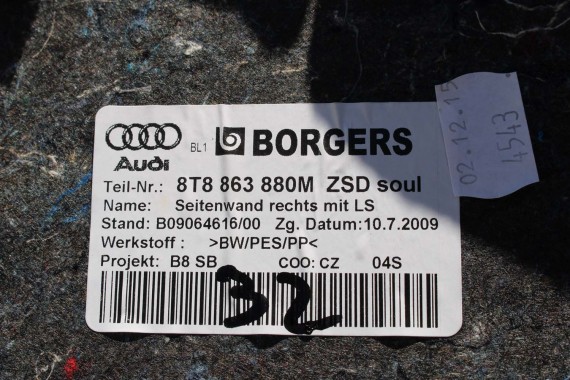 AUDI A5 SPORTBACK BOCZEK DYWAN TAPICERKA BAGAZNIKA 8T8864483 8T8861529 8T0863463 8T8863879M 8T8863880M boczki bagażnik tapicerka