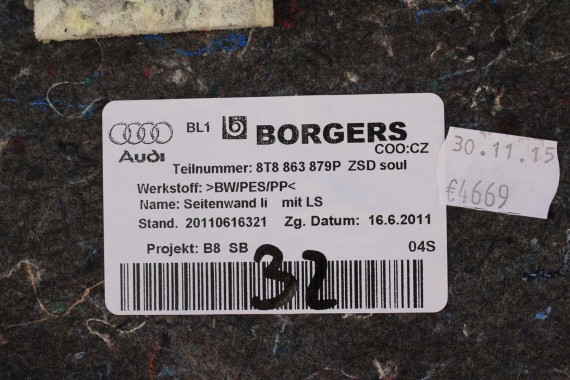AUDI A5 SPORTBACK BOCZEK DYWAN TAPICERKA BAGAZNIKA 8T8864483 8T8861529 8T0863463 8T8863879M 8T8863880M boczki bagażnik tapicerka