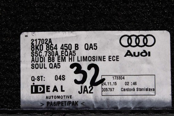AUDI A4 8K A5 DYWANIKI PODŁOGI 8K1863691F 8K0864450B wycieraczki 8K1863691H 8K0864450C 'QA5' czarny soul) LIFT 8K0 864 450 B 8T8