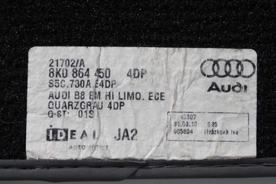 AUDI A4 DYWANIKI WYCIERACZKI PODŁOGI 8K1863691B 8K1 863 691 B 8K 8K0864450 8K1863691B 8K1863691F 8K1863691H Kolor: 4DP szary