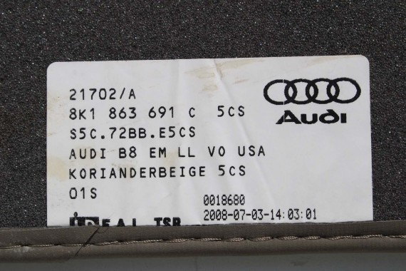 AUDI A5 DYWANIKI PODŁOGI 8K1863691C 8T0864450A wycieraczki 8K1863691G 5CS 1FU beż 8T 8K1863691C 8K1863691G 8T0864450A 8K1863691C