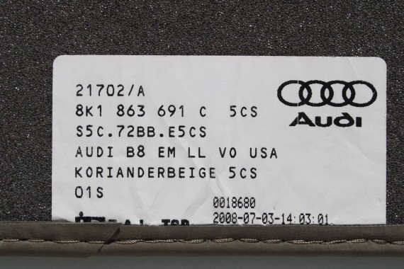AUDI A5 DYWANIKI PODŁOGI 8K1863691C 8T0864450A wycieraczki 8K1863691G 5CS 1FU beż 8T 8K1863691C 8K1863691G 8T0864450A 8K1863691C