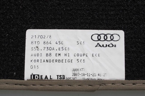 AUDI A5 DYWANIKI PODŁOGI 8K1863691C 8T0864450A wycieraczki 8K1863691G 5CS 1FU beż 8T 8K1863691C 8K1863691G 8T0864450A 8K1863691C