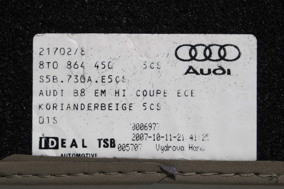 AUDI A5 DYWANIKI PODŁOGI 8K1863691C 8T0864450A wycieraczki 8K1863691G 5CS 1FU beż 8T 8K1863691C 8K1863691G 8T0864450A 8K1863691C