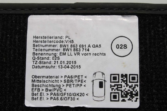 AUDI A4 A5 DYWANIKI PODŁOGI 8W1863691A 8W0864450 wycieraczki 8W1 863 691 A 8W1 863 713 8W1863714 8W0864450 8W0863723 8W0863724