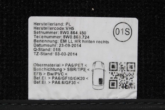 AUDI A4 A5 DYWANIKI PODŁOGI 8W1863691A 8W0864450 wycieraczki 8W1 863 691 A 8W1 863 713 8W1863714 8W0864450 8W0863723 8W0863724