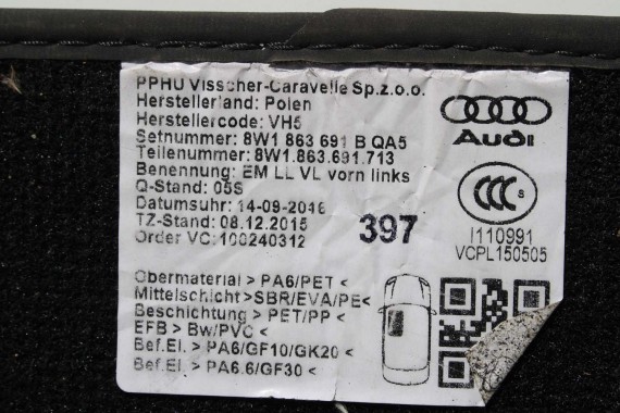 AUDI A4 A5 DYWANIKI PODŁOGI 8W1863691A 8W0864450 wycieraczki 8W1 863 691 A 8W1 863 713 8W1863714 8W0864450 8W0863723 8W0863724