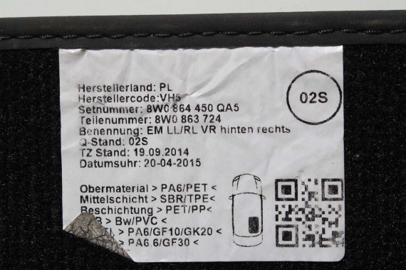 AUDI A4 A5 DYWANIKI PODŁOGI 8W1863691A 8W0864450 wycieraczki 8W1 863 691 A 8W1 863 713 8W1863714 8W0864450 8W0863723 8W0863724