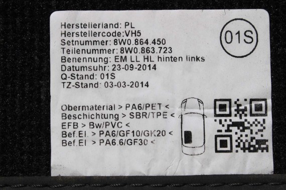 AUDI A4 A5 DYWANIKI PODŁOGI 8W1863691A 8W0864450 wycieraczki 8W1 863 691 A 8W1 863 713 8W1863714 8W0864450 8W0863723 8W0863724