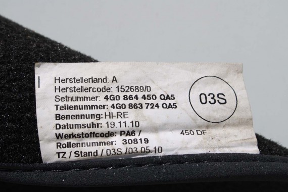 AUDI A6 A7 DYWANIKI PODŁOGI 4G1863691 4G0864450 wycieraczki 4G0864450 4G1 863 691 QA5 czarny 4G1863691 4G0864450 4G1863691 4G C7