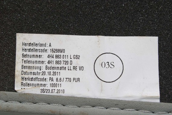AUDI A8 LONG DYWANIKI wykładziny wycieraczki 4H4863011L PODŁOGI 4H 4H4863011L 4H4863011 4H4864450 4H4863011L 4H1863691 4H4863011