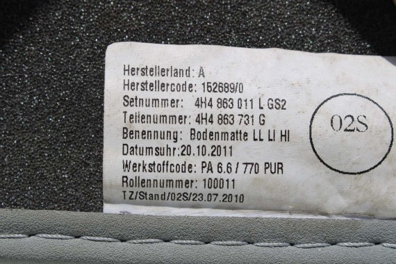 AUDI A8 LONG DYWANIKI wykładziny wycieraczki 4H4863011L PODŁOGI 4H 4H4863011L 4H4863011 4H4864450 4H4863011L 4H1863691 4H4863011