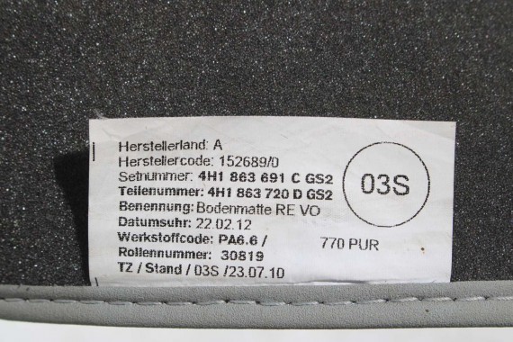 AUDI A8 DYWANIKI wykładziny wycieraczki 4H1863691C PODŁOGI 4H 4H1863691C 4H1863691 4H1863719D 4H1863720D 4H0863731B 4H0863732B