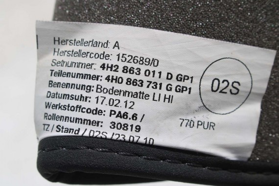 AUDI A8 DYWANIKI wykładziny wycieraczki 4H0864450 PODŁOGI 4H0863731G 4H0863732G 4H0863731 4H0863732 4H0864450 tył GP1 4H0864450