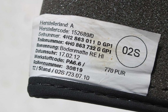AUDI A8 DYWANIKI wykładziny wycieraczki 4H0864450 PODŁOGI 4H0863731G 4H0863732G 4H0863731 4H0863732 4H0864450 tył GP1 4H0864450