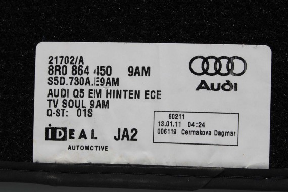 AUDI Q5 DYWANIKI WYCIERACZKI PODŁOGI 8R1863691 8R1 863 691 8R kolor 9AM czarny 8R1863691 8R1863691 8R1863691 8R0864450 8R1863691