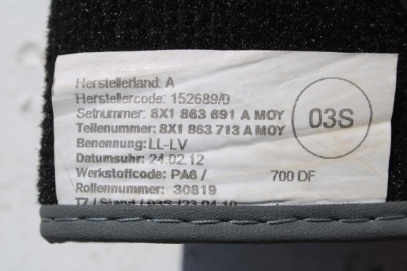 AUDI A1 DYWANIKI PODŁOGI WYCIERACZKI 8X1863691A 8X1 863 691 A MOY 8X1863691 8X0864450 8X0863724 8X1863691A 8X1863713 8X1863714