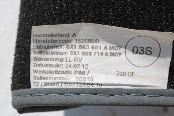 AUDI A1 DYWANIKI PODŁOGI WYCIERACZKI 8X1863691A 8X1 863 691 A MOY 8X1863691 8X0864450 8X0863724 8X1863691A 8X1863713 8X1863714