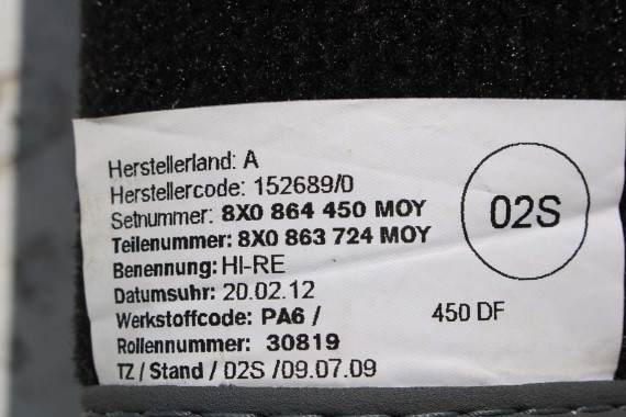 AUDI A1 DYWANIKI PODŁOGI WYCIERACZKI 8X1863691A 8X1 863 691 A MOY 8X1863691 8X0864450 8X0863724 8X1863691A 8X1863713 8X1863714