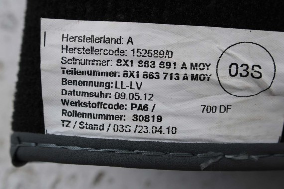 AUDI A1 DYWANIKI PODŁOGI WYCIERACZKI 8X1863691A 8X1 863 691 A MOY 8X1863691 8X0864450 8X0863724 8X1863691A 8X1863713 8X1863714