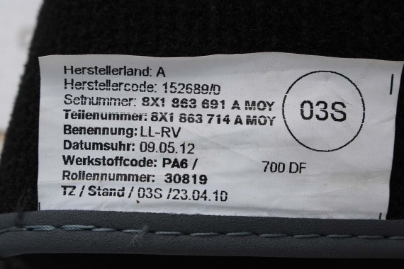 AUDI A1 DYWANIKI PODŁOGI WYCIERACZKI 8X1863691A 8X1 863 691 A MOY 8X1863691 8X0864450 8X0863724 8X1863691A 8X1863713 8X1863714