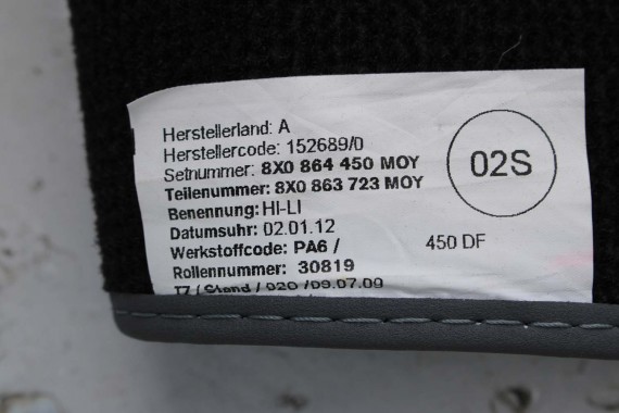 AUDI A1 DYWANIKI PODŁOGI WYCIERACZKI 8X1863691A 8X1 863 691 A MOY 8X1863691 8X0864450 8X0863724 8X1863691A 8X1863713 8X1863714