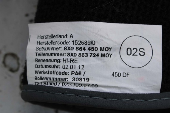 AUDI A1 DYWANIKI PODŁOGI WYCIERACZKI 8X1863691A 8X1 863 691 A MOY 8X1863691 8X0864450 8X0863724 8X1863691A 8X1863713 8X1863714